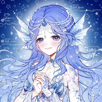 Rule 34 | 1girl, absurdres, bead necklace, beads, bikini, blue background, blue bikini, blue eyes, blue eyeshadow, blue gemstone, blue hair, blue scales, chinese commentary, circlet, closed mouth, commentary request, commission, cyfrost, eyelashes, eyeshadow, fins, forehead jewel, frilled bikini, frills, gem, hair beads, hair ornament, head fins, highres, infinity nikki, interlocked fingers, jewel under eye, jewelry, light blush, light particles, lipstick, long hair, long sidelocks, makeup, mermaid, monster girl, necklace, nikki (series), outline, own hands clasped, own hands together, pink lips, raised inner eyebrows, sad, sample watermark, sidelocks, snowy ballad (infinity nikki), solo, star (symbol), strapless, strapless bikini, swimsuit, too many watermarks, upper body, very long hair, watermark, wavy hair, white outline