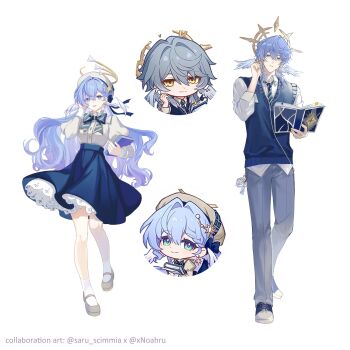 1boy 1girl ankle_socks aqua_eyes artist_collaboration beret blue_hair blue_skirt blue_sweater_vest book bow bowtie brother_and_sister brown_hat brown_shirt character_charm charm_(object) collared_shirt commentary earbuds earphones earrings english_commentary feathered_wings full_body grey_pants hair_between_eyes halo halo_behind_head hand_up hat head_wings highres holding holding_book honkai:_star_rail honkai_(series) jewelry juliet_sleeves long_sleeves looking_at_viewer mary_janes necktie official_alternate_costume open_book pants parted_lips petticoat puffy_sleeves reference_inset robin_(brilliant_youth)_(honkai:_star_rail) robin_(honkai:_star_rail) saru_youichi school_uniform shirt shoes siblings simple_background skirt smile socks spiked_halo striped_bow striped_bowtie striped_clothes striped_necktie sunday_(brilliant_youth)_(honkai:_star_rail) sunday_(honkai:_star_rail) sweater_vest twitter_username untucked_shirt white_background white_shirt white_socks white_wings wings xnoahru