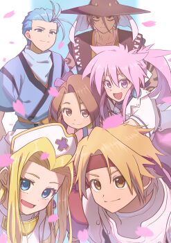 3boys 3girls arche_klein blue_eyes blue_hair chester_burklight claus_f._lester closed_mouth commentary_request cress_albane earrings fujibayashi_suzu highres jewelry long_hair looking_at_viewer mint_adenade multiple_boys multiple_girls open_mouth pink_eyes pink_hair ponytail smile tales_of_(series) tales_of_phantasia toraneko