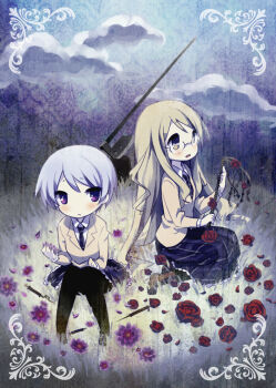 2girls axe black_pantyhose blazer blonde_hair blue_hair blue_sky blush brown_eyes cat_o&#039;_nine_tails chaos;head cloud collared_shirt field flower full_body glasses holding holding_flower holding_whip jacket kishimoto_ayase kusunoki_yua long_hair long_skirt long_sleeves looking_at_viewer mamimu_(ma-mi-mu.me) multiple_girls necktie on_ground pantyhose plaid_clothes plaid_skirt planted planted_axe purple_eyes purple_flower purple_skirt red_flower rose school_uniform science_adventure shirt short_hair sitting skirt sky smile syringe whip yellow_jacket
