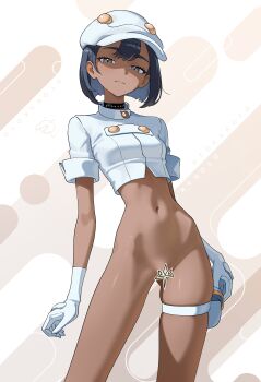 1girl absurdres aether_foundation_employee aether_foundation_employee_(female) black_choker black_hair bottomless breasts censored choker crop_top dark-skinned_female dark_skin gloves grey_eyes hat highres hip_bones holster looking_at_viewer navel nintendo novelty_censor otokakoto peaked_cap pokemon pokemon_sm short_hair skindentation small_breasts solo stomach thigh_holster thigh_strap white_gloves white_hat