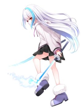 1girl blue_hair boots dairoku_ryouhei dual_wielding full_body holding holding_sword holding_weapon long_hair long_sleeves looking_at_viewer mitsuhi_lecott multicolored_hair red_eyes shirt short_shorts shorts solo sword weapon white_hair white_shirt yagisan_(tw)