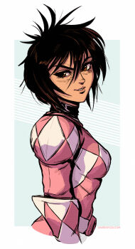 &gt;:) 1girl animification black_hair breasts brown_eyes dave_rapoza dino_buckler female_focus from_side hair_between_eyes highres kimberly_ann_hart medium_breasts mighty_morphin_pink_ranger mighty_morphin_power_rangers power_rangers ptera_ranger short_hair smile solo spiked_hair upper_body watermark web_address