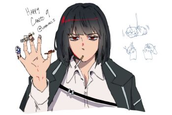 2boys 2girls alyssa_(project_moon) artist_name bags_under_eyes black_coat black_hair blunt_bangs bound callisto_(project_moon) celebration character_request chibi chibi_inset cigarette coat coat_on_shoulders commentary dihui_star english_commentary hand_up hohenheim_(project_moon) lapels limbus_company looking_at_viewer marton_(project_moon) multiple_boys multiple_girls notched_lapels project_moon red_eyes rien_(project_moon) ryoshu_(project_moon) shiomi_yoru_(project_moon) shirt short_hair smoking tied_up_(nonsexual) unower_s white_shirt