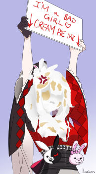 1girl absurdres anger_vein arms_up arrow_(symbol) artist_name black_gloves black_hat commentary danganronpa_(series) english_commentary gloves hat highres holding holding_sign honkai:_star_rail honkai_(series) lenni_(lenniwam) long_hair mini_hat mini_top_hat purple_background red_shirt shirt sign signature single_glove solo sparkle_(honkai:_star_rail) sparxie_(honkai:_star_rail) top_hat upper_body very_long_hair white_hair wide_sleeves