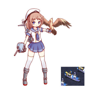 1girl bird bird_on_hand blue_eyes brown_hair command_&amp;_conquer command_&amp;_conquer:_red_alert command_&amp;_conquer:_red_alert_2 falcon female_focus fingerless_gloves gloves hat langbazi school_uniform serafuku short_hair simple_background skirt solo thighhighs white_background