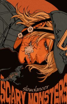 1boy argyle_clothes argyle_sweater bandaid bandaid_on_face blonde_hair blue_eyes blue_helmet blue_sweater bow commentary cracked_skin diego_brando english_commentary english_text fangs gentleslowdance hair_over_one_eye hat hat_bow helmet highres jojo_no_kimyou_na_bouken limited_palette looking_at_viewer male_focus medium_hair one_eye_covered orange_theme parted_lips profile recolored ribbed_sweater scary_monsters_(stand) slit_pupils solo stand_(jojo) steel_ball_run sweater turtleneck turtleneck_sweater