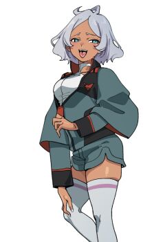 1girl ahoge aqua_eyes asticassia_school_uniform blush breasts cowboy_shot dark-skinned_female dark_skin dolphin_shorts grey_hair gundam gundam_suisei_no_majo medium_breasts medium_hair nukosann open_mouth school_uniform secelia_dote shorts simple_background skindentation solo thighhighs tongue tongue_out white_background white_thighhighs