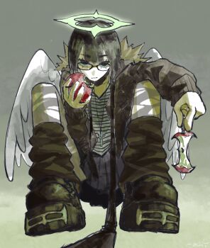 Rule 34 | 1girl, angel wings, apple, apple core, black hair, boots, commentary, cross, cross necklace, eating, english commentary, food, fruit, glasses, grey background, halo, highres, holding, holding food, holding fruit, jacket, jewelry, loose socks, machipachi1901, necklace, original, pantyhose, shirt, short hair, simple background, skirt, socks, solo, spiked halo, striped clothes, striped shirt, torn clothes, torn pantyhose, v-neck, wings