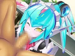 Rule 34 | 1boy, 1girl, :&gt;, :&gt;=, android, aqua hair, armor, arnetes, asahi, breasts, censored, colored skin, cum, cum in mouth, cum overflow, detached collar, erection, fellatio, game cg, hetero, high ponytail, huge breasts, impossible clothes, interspecies, joints, lilith-soft, long hair, looking at another, mecha musume, mechanical arms, mechanical hair, no humans, nude, one eye closed, oral, penis, ponytail, robot girl, robot joints, saliva, smile, taimanin (series), taimanin rpgx, white skin, wide hips, yellow eyes