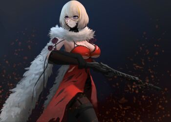 1girl blonde_streaks breasts brown_pantyhose cleavage code_vein cross_scar dress eva_roux flower from_side gun holding holding_gun holding_weapon large_breasts multicolored_hair noobcakeart pantyhose purple_eyes purple_flower purple_rose red_dress rifle rose scar scar_on_face short_hair solo streaked_hair torn_clothes torn_dress weapon white_hair