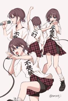 1girl absurdres black_nails black_shorts blue_eyes brown_hair girls_band_cry hair_ornament highres iseri_nina kuji_(orca9ji) low_twintails multiple_views open_mouth plaid_clothes plaid_skirt pleated_skirt red_skirt shikai_no_sumi_kuchiru_oto shirt short_hair short_twintails shorts shorts_under_skirt simple_background skirt twintails twitter_username unmoving_pattern white_background white_shirt x_hair_ornament