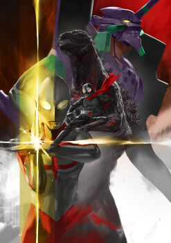 belt blazpu dorsal_fin eva_01 godzilla godzilla_(series) godzilla_(shin) helmet highres kaiju kamen_rider kamen_rider_1 kamen_rider_1_(shin) mecha neon_genesis_evangelion rider_kick robot scarf sharp_teeth shin_godzilla shin_japan_heroes_universe shin_kamen_rider shin_ultraman teeth toho tokusatsu tsuburaya_productions ultra_beam ultra_series ultraman ultraman_(shin) yellow_eyes