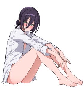 1girl absurdres bababa1001 bare_legs barefoot black_choker blush breasts chainsaw_man choker cleavage closed_mouth collared_shirt full_body green_eyes hair_between_eyes hair_bun highres hugging_own_legs looking_at_viewer medium_breasts medium_hair no_panties no_pants outstretched_arms purple_hair reze_(chainsaw_man) shirt sitting smile solo updo wet white_background white_shirt