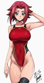 1girl arm_behind_head ass bare_shoulders blue_eyes breasts code_geass collarbone dated female_focus gluteal_fold highres kouzuki_kallen large_breasts light_blush looking_at_viewer medium_hair parted_bangs red_hair simple_background smile swimsuit white_background yoo_tenchi