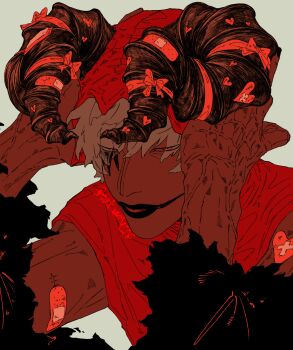 1boy bandaid bandaid_on_arm bandaid_on_horn black_coat bow coat commentary_request demon_horns donquixote_rocinante facepaint hat heart highres horns jurokutya lipstick makeup male_focus one_piece portrait red_bow red_eyes red_hat red_theme solo white_background