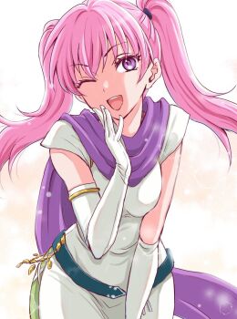 1girl ;d belt blue_belt breasts commentary_request dress elbow_gloves fire_emblem fire_emblem:_the_blazing_blade gloves looking_at_viewer medium_breasts nintendo one_eye_closed open_mouth pink_hair purple_eyes purple_scarf scarf serra_(fire_emblem) short_sleeves simple_background smile solo teeth twintails umehime upper_body upper_teeth_only white_background white_dress white_gloves