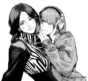 2girls amoris_(bang_dream!) bang_dream! bang_dream!_it's_mygo!!!!! blush closed_mouth commentary cracy_logan earrings greyscale hashtag-only_commentary headphones highres jewelry looking_at_viewer mole mole_above_mouth monochrome multiple_girls real_life sasaki_rico_(voice_actor) simple_background voice_actor voice_actor_connection white_background yonezawa_akane yuri yuutenji_nyamu