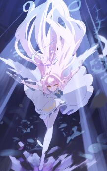 1girl angel_wings blue_archive blue_bow bow breasts closed_mouth dress falling_feathers feathered_wings feathers gun hair_bun halo highres holding holding_gun holding_weapon injury lanchester_smg long_hair looking_at_viewer low_wings medium_breasts mika_(blue_archive) pantyhose pink_halo scrunchie single_hair_bun single_side_bun sleeveless sleeveless_dress smile submachine_gun very_long_hair weapon white_dress white_feathers white_pantyhose white_wings wings wrist_scrunchie yakousei_a