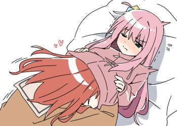2girls blue_eyes blush bocchi_the_rock! closed_mouth gotoh_hitori haru_(konomi_150) head_under_another&#039;s_clothes jacket kita_ikuyo long_hair lying multiple_girls on_back one_eye_closed pillow pink_hair pink_jacket red_hair school_uniform shuka_high_school_uniform track_jacket under_another&#039;s_clothes yuri