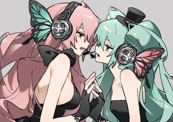 2girls aqua_eyes aqua_hair bare_shoulders black_dress black_gloves blue_eyes blue_nails breasts butterfly_hair_ornament dress eye_contact fingerless_gloves from_side gloves grey_background gyu9447 hair_ornament hat hatsune_miku headphones headset highres holding_hands long_hair looking_at_another magnet_(vocaloid) medium_breasts megurine_luka mini_hat multiple_girls open_mouth pink_hair sideboob simple_background upper_body vocaloid yuri