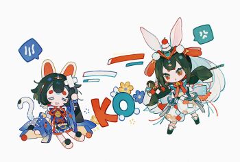 2girls :3 :d :o =_= animal_ears black_hair black_shoes blue_dress blush_stickers bow bowtie cat_ears cat_girl cat_tail double-parted_bangs dress full_body green_hair highres k.o. kanae_(cookie) multiple_girls open_mouth original pants rabbit_ears rabbit_girl red_bow red_bowtie red_eyes shoes short_hair simple_background sleeves_past_fingers sleeves_past_wrists smile tail thick_eyebrows white_background white_pants