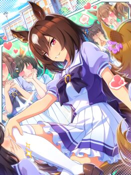 6+girls absurdres animal_ears artist_request back_bow bare_arms blue_bow blue_bowtie blue_shirt blue_sky bow bowtie breasts brooch brown_hair brown_shoes cloud day dutch_angle ear_ornament eyelashes frilled_skirt frills game_cg glint hair_between_eyes halftone hand_on_own_knee heart heart-shaped_eyes high-waist_skirt highres horse_ears horse_girl horse_tail horseshoe_ornament jewelry knee_up lamppost large_breasts light_blush long_hair looking_at_viewer miniskirt multicolored_hair multiple_girls official_art outdoors parted_lips pleated_skirt puffy_short_sleeves puffy_sleeves red_eyes sailor_collar school school_uniform shirt shoes short_sleeves sirius_symboli_(umamusume) sitting skirt sky smirk smug solo_focus speech_bubble spoken_blush streaked_hair tail teeth thighhighs tracen_school_uniform tsurime two-tone_shirt umamusume uwabaki very_long_hair white_sailor_collar white_shirt white_skirt white_thighhighs