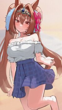 1girl animal_ears bare_shoulders blue_skirt blush breasts brown_hair casual closed_mouth collarbone daiwa_scarlet_(casual)_(umamusume) daiwa_scarlet_(umamusume) frilled_shirt frills hair_between_eyes hair_intakes high-waist_skirt highres horse_ears horse_girl horse_tail large_breasts long_hair looking_at_viewer off-shoulder_shirt off_shoulder plaid_clothes plaid_skirt red_eyes shirt skirt smile solo solokitsune tail tiara twintails umamusume very_long_hair white_shirt