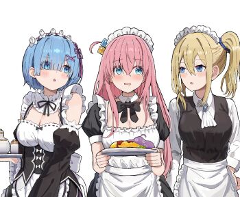 3girls apron ascot black_bow black_bowtie blonde_hair blue_eyes blue_hair blush bocchi_the_rock! bow bowtie breasts cleavage commentary_request cube_hair_ornament food frilled_apron frills gotoh_hitori gotoh_hitori_(tsuchinoko) hair_ornament hayasaka_ai highres holding holding_tray kaguya-sama_wa_kokurasetai_~tensai-tachi_no_renai_zunousen~ ketchup maid maid_headdress multiple_girls omelet omurice parted_lips pink_hair puteme re:zero_kara_hajimeru_isekai_seikatsu rem_(re:zero) side_ahoge side_ponytail simple_background tray tsuchinoko upper_body white_apron white_ascot white_background white_headdress