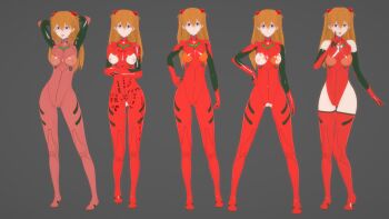 1girl 3d absurdres adapted_costume artist_request bare_legs bare_shoulders blue_eyes bodysuit breastless_clothes breasts breasts_out brown_hair cleavage curvy full_body hand_on_own_hip highleg highleg_leotard highres leotard long_hair looking_at_viewer mecha_pilot_suit medium_breasts multiple_views neon_genesis_evangelion nipples plugsuit_(evangelion) pussy pussy_peek red_bodysuit red_leotard reference_sheet shiny_clothes simple_background skin_tight smile souryuu_asuka_langley standing torn_clothes two_side_up wide_hips