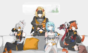 4girls blindfold blonde_hair blue_eyes blue_hair blush closed_mouth cowboy_shot goggles hair_between_eyes long_hair magus_(zenless_zone_zero) multiple_girls orphie_magnusson ponytail red_hair rekka seed_(zenless_zone_zero) sidelocks sitting smile soldier_11_(zenless_zone_zero) trigger_(zenless_zone_zero) white_hair zenless_zone_zero