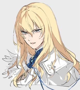 1boy ascot bishounen blonde_hair blue_ascot blue_eyes brooch cape cropped_shoulders fate/grand_order fate_(series) feathers grey_background hair_between_eyes jewelry kirschtaria_wodime long_hair looking_at_viewer m-tobiei male_focus parted_lips simple_background sketch solo v-shaped_eyebrows white_cape white_feathers
