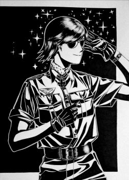 Rule 34 | 1girl, absurdres, belt, bordfunker133, cross, german text, gloves, greyscale, hans-joachim marseille, highres, iron cross, leather, leather belt, leather gloves, looking to the side, marcel (bordfunker133), military uniform, monochrome, nazi, no jacket, pants, photo (medium), real life, shirt, short hair, short sleeves, smile, soldier, solo, sunglasses, upper body, world war ii