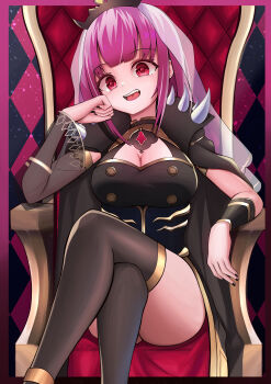 Rule 34 | 1girl, absurdres, black cape, black dress, black nails, black thighhighs, breasts, cape, cleavage, commentary request, crossed legs, dress, head rest, highres, hololive, hololive english, large breasts, long hair, looking at viewer, mori calliope, mori calliope (1st costume), nail polish, open mouth, pink eyes, pink hair, see-through clothes, see-through veil, solo, spiked cape, thighhighs, veil, virtual youtuber, yuni animal (remyi 3)