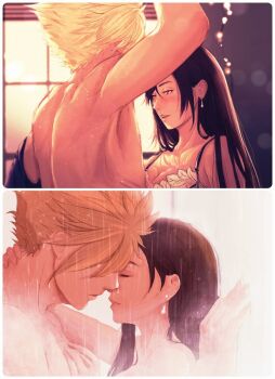 1boy 1girl against_wall arm_up back bare_shoulders black_hair blonde_hair blurry blurry_background blush bra breasts cleavage closed_eyes cloud_strife commentary couple earrings english_commentary facing_another final_fantasy final_fantasy_vii final_fantasy_vii_remake from_side hand_on_another's_chest hetero highres imminent_kiss indoors jewelry lace lace-trimmed_bra lace_trim lady_ktea large_breasts long_hair looking_at_another multiple_views nude parted_lips profile red_eyes shared_bathing short_hair showering single_earring spiked_hair split_screen teardrop_earrings tifa_lockhart topless_male underwear undressing upper_body water wet wet_hair