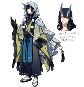 1boy araquanid bad_link beads black_gloves black_hair blue_eyes blue_horns earrings gen_7_pokemon gloves highres hood horns japanese_clothes jewelry kimono long_hair long_sleeves male_focus moe_(hamhamham) multiple_views nintendo personification pokemon prayer_beads socks standing white_socks