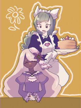 2girls absurdres apron ascot black_romper bow bowtie braid braided_ponytail closed_mouth commentary dark-skinned_female dark_skin dress fascinator food frilled_ascot frills glove_bow gloves green_hair hair_ornament hashtag-only_commentary highres holding holding_plate jacinthe_(pokemon) juliet_sleeves lebanne_(pokemon) long_hair long_sleeves maid maid_apron maid_headdress master_and_servant mega_stone multiple_girls nintendo open_mouth pancake pancake_stack plate pokemon pokemon_legends:_z-a puffy_sleeves purple_dress purple_hair romper saltmusubi_12 smile symbol-only_commentary very_dark_skin white_bow white_bowtie white_gloves