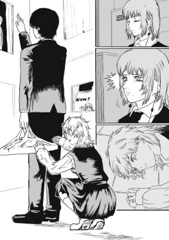 2boys 2girls bag building chainsaw_man closed_mouth crying crying_with_eyes_open denji_(chainsaw_man) earrings fami_(chainsaw_man) famine_devil_(chainsaw_man) fourth_east_high_school_uniform greyscale highres holding holding_bag jacket jewelry k.rikina mole mole_under_eye mole_under_mouth monochrome multiple_boys multiple_girls multiple_moles pants plastic_bag ringed_eyes school_uniform suit_jacket tears window yoshida_hirofumi