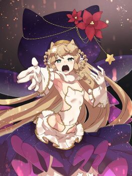 Rule 34 | + +, 1girl, armpits, blonde hair, braid, breasts, clione, commentary request, covered navel, cross-shaped pupils, frilled skirt, frills, gloves, green eyes, hands up, hat, kirara fantasia, long hair, long sleeves, official art, open mouth, purple hat, purple skirt, reaching, reaching towards another, skirt, small breasts, solo, symbol-shaped pupils, third-party source, very long hair, white gloves, yumekui merry