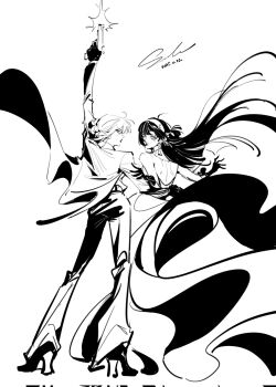 2girls ahoge alternate_costume arm_up astra_yao back bare_shoulders black_coat black_dress black_gloves black_hair black_lips black_pants coat commentary dated dress earrings english_commentary evelyn_chevalier firing from_behind gloves greyscale gun hairband hand_on_another&#039;s_back handgun high_heels highres jewelry long_hair looking_at_viewer looking_back monochrome multiple_girls necklace pants parted_lips saskeboom shirt_tucked_in sideways_glance signature strapless strapless_dress tears weapon white_hairband yuri zenless_zone_zero