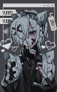 1girl aegyo_sal animal_ear_hairband animal_ears apron bandaid bandaid_on_face black_eyes black_sweater cat_ear_hairband cat_ears commentary fake_animal_ears finger_to_mouth hair_over_one_eye hairband hand_up highres implied_self-harm knife looking_at_viewer maid_apron maid_headdress monster_energy original reno_(re_leno) short_hair shushing solo sweater symbol-only_commentary turtleneck upper_body white_hair window_(computing)