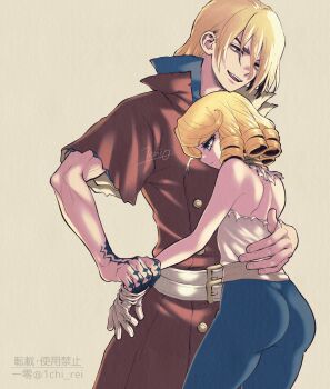 1boy 1other ass bare_arms bare_shoulders belt blonde_hair blue_eyes blue_pants closed_mouth coat dr._stone drill_hair francois_(dr._stone) gloves hand_on_another&#039;s_back hand_on_another&#039;s_waist highres hug medium_hair nanami_ryuusui ninomae_gin open_mouth pants red_eyes shirt short_hair signature smile tight_clothes torn_clothes white_belt white_gloves