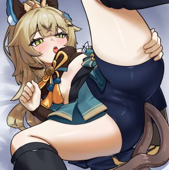1girl absurdres animal_ear_fluff animal_ears ass bike_shorts black_leg_warmers blonde_hair blush cameltoe cat_ears cat_girl cat_tail commentary detached_sleeves elbow_gloves english_commentary facing_viewer feet_out_of_frame from_side genshin_impact gloves green_eyes grey_background hair_ornament hairclip highres kirara_(genshin_impact) leg_up leg_warmers long_hair lying multiple_tails on_back open_mouth simple_background solo spread_legs tail thigh_focus thighs tongue tongue_out two_tails zancrowkami