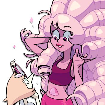 alternate_costume casual colored_skin diamond_(species)_(steven_universe) discount-supervillain forehead_jewel gem gem_(steven_universe) lips long_hair multiple_girls pearl_(species)_(steven_universe) pearl_(steven_universe) pink_diamond_(steven_universe) pink_hair pink_skin ringlets rose_quartz_universe self_cosplay short_hair smile steven_universe stomach_jewel