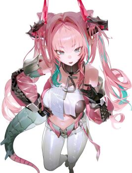 1girl arknights arknights:_endfield blue_eyes breasts hair_between_eyes highres large_breasts long_hair looking_at_viewer navel pink_hair simple_background solo thighs twintails white_background ya_(user_zkru4882) yvonne_(arknights)