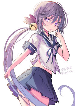 1girl absurdres akebono_(kancolle) ass bell blue_neckerchief blue_sailor_collar blue_skirt commentary_request flower from_side hair_bell hair_between_eyes hair_flower hair_ornament hand_up highres hizaka jingle_bell kantai_collection long_hair looking_at_viewer midriff miniskirt neckerchief one-hour_drawing_challenge pleated_skirt ponytail purple_eyes purple_hair sailor_collar shirt short_sleeves sidelocks signature simple_background skirt solo tongue tongue_out turning_head twisted_torso twitter_username very_long_hair white_background white_shirt
