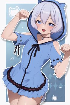 1girl animal_ear_hood animal_print bare_shoulders blue_background blue_dress blue_eyes blue_hair blush border campbell_xx cat_print clothing_cutout commentary_request cowboy_shot dress fake_animal_ears gundam gundam_build_fighters gundam_build_fighters_try hair_between_eyes hands_up highres hood hood_up hooded_dress kijima_shia light_blue_hair looking_at_viewer outside_border paw_pose short_hair short_sleeves shoulder_cutout solo white_border