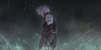 Rule 34 | 1boy, armor, black jacket, cowboy shot, ddddctb, final fantasy, final fantasy vii, final fantasy vii: ever crisis, grey hair, hair over eyes, hashtag-only commentary, highres, holding, holding sword, holding weapon, jacket, male focus, outdoors, rain, sephiroth, sephiroth (ever crisis), short hair, shoulder armor, solo, standing, sword, vambraces, weapon, wet