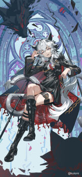 Rule 34 | 1girl, absurdres, aiguillette, animal ears, arknights, arm support, artist name, black cape, black gloves, black jacket, black shoes, black skirt, blue eyes, boots, cape, chinese commentary, commentary request, cropped jacket, crossed legs, full body, gloves, gradient necktie, grey hair, grey tail, hair between eyes, hair ornament, hairclip, high heel boots, high heels, highres, invisible chair, jacket, kulomi, lappland (arknights), lappland the decadenza (arknights), long hair, long sleeves, looking at viewer, necktie, red cape, scar, scar across eye, scar on face, shirt, shoes, sidelocks, sitting, skirt, solo, tail, thigh strap, two-sided cape, two-sided fabric, white shirt, window, wolf ears, wolf girl, wolf tail