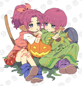1boy 1girl blue_eyes body_markings broom brother_and_sister bud_(lom) dress full_body green_robe highres jack-o&#039;-lantern legend_of_mana lisa_(lom) long_hair long_sleeves moyori open_mouth pumpkin purple_dress purple_hair purple_ribbon ribbon robe seiken_densetsu short_hair short_sleeves siblings smile teeth
